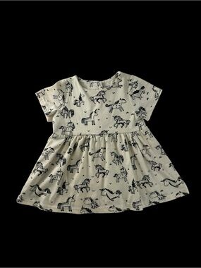 Floral Unicorn Print Cream Girls' Short Sleeve Dress